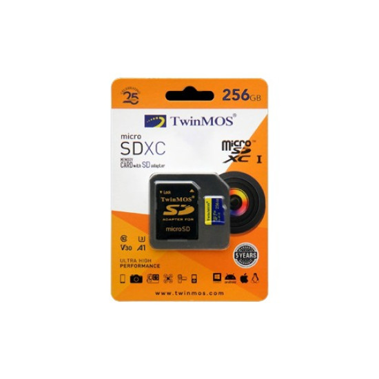 TwinMOS 256GB MicroSDXC UHS-I U3 Class 10 V30 Memory Card with Adapter